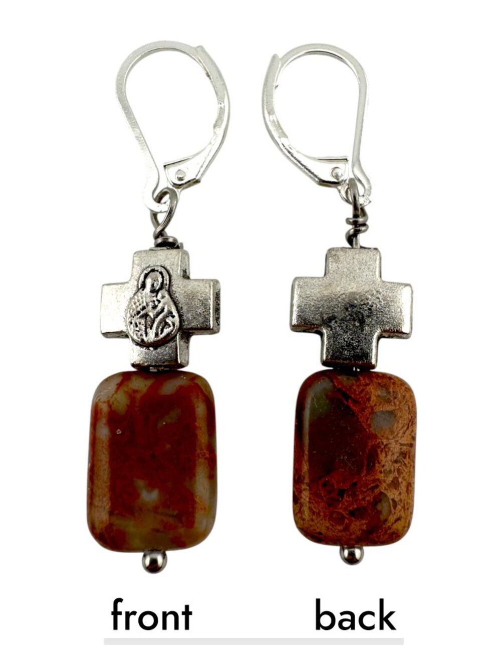 Blue Opal Jasper Cross Earrings Mother Child Silver Filled Leverbacks - Picture 7 of 12